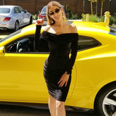 Off Shoulder Long Sleeve Ruched Over Knee Bodycon Dress SP056